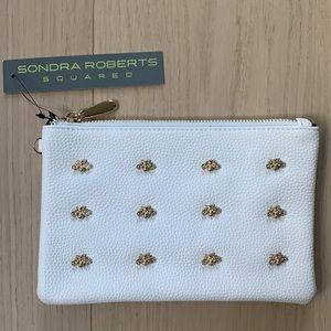 Sondra Roberts white leather clutch/wristlet with gold bees